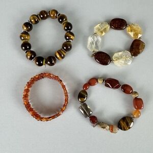 Bracelet Lot‎ 4 Brown Tone Stretch Tigers Eye Carnelian 925 Artisan Earthy Boho